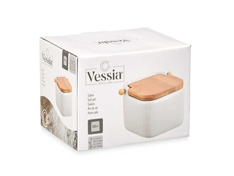 Salero de Cerámica Blanco con Tapa Bambú 800ml