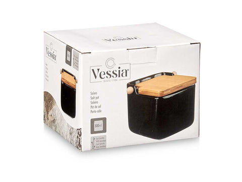 Salero de Cerámica Negro Tapa Bambú 800ml