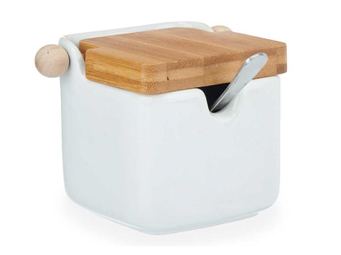 Azucarero Cerámica Blanco Tapa Bambú