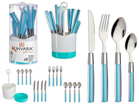 Set 16 Cubiertos Acero Inoxidable Mango Azul