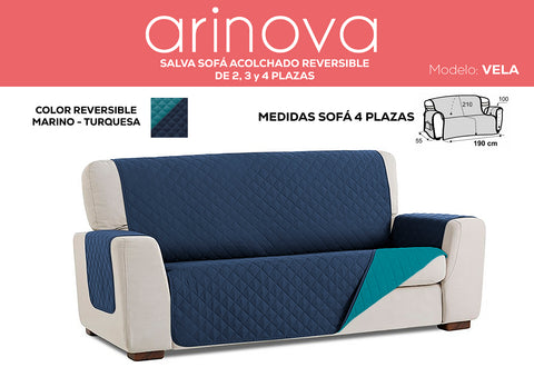 Cubre Sofá 4 Plazas Acolchado Reversible Turquesa/Marino
