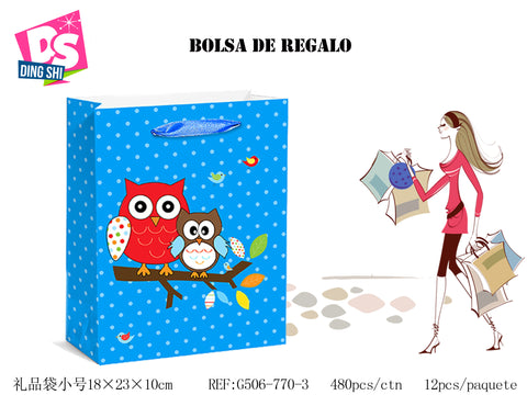 Pack 12 Bolsas Papel de Regalo 18x23x10cm Diseño Buhos