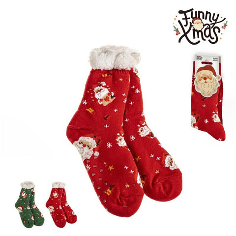Calcetines Antideslizantes Papá Noel Borreguito Sherpa Rojo/Verde