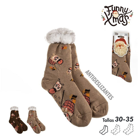 Calcetines Kids Antideslizantes Caga Tió Borreguito Sherpa Marrón Claro/Oscuro