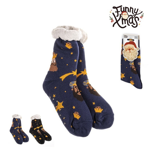 Calcetines Antideslizantes Reyes Magos Borreguito Sherpa Negro/Azul