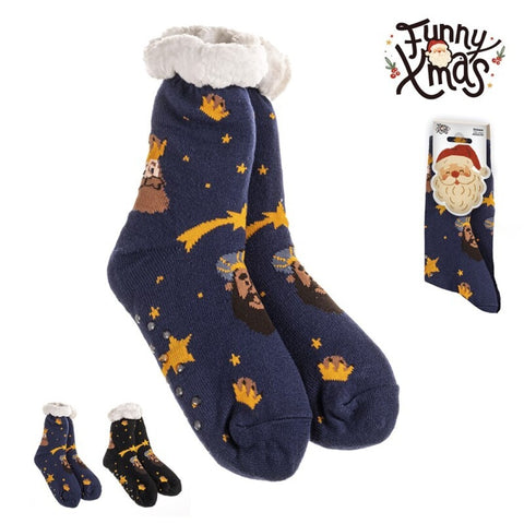 Calcetines Kids Antideslizantes Reyes Magos Borreguito Sherpa Negro/Azul