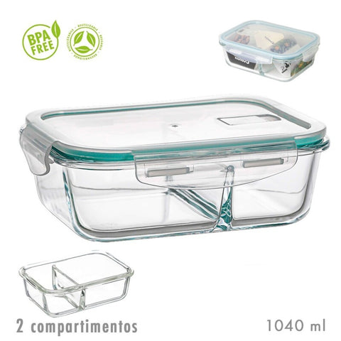 Fiambrera Borosilicato Rectangular 1040ml 2 Compartimentos Hermética para Microondas