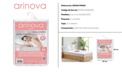 Protector de Colchón cama 90cm Acolchado Impermeable Orion 900x190/200cm Arinova