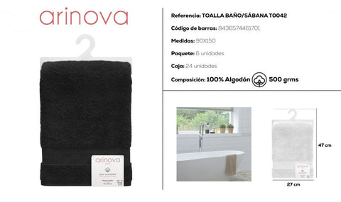Toalla Negra 90x150cm 500 gramos Arinova Sábana