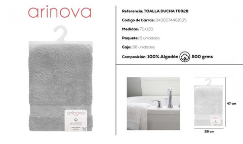 Toalla Gris Claro 70x130cm 500gramos Arinova para Ducha