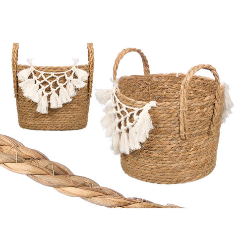 Macetero de Mimbre Macramé Pompón Blanco