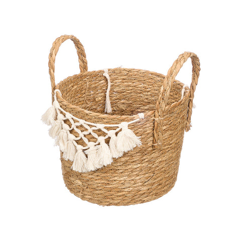 Macetero de Mimbre Macramé Pompón Blanco