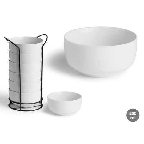 Lot de 6 bols ronds lisses en porcelaine 800 ml avec support