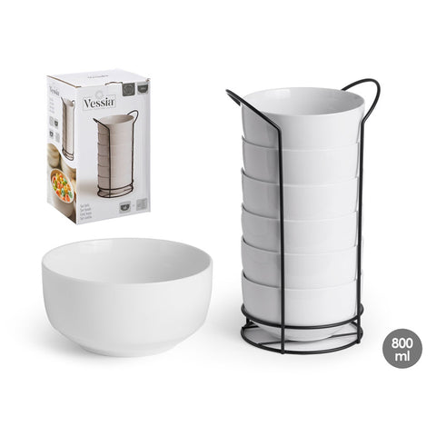 Lot de 6 bols ronds lisses en porcelaine 800 ml avec support