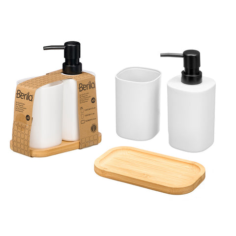 Set Dosificador Vaso Base Bambú Blanco