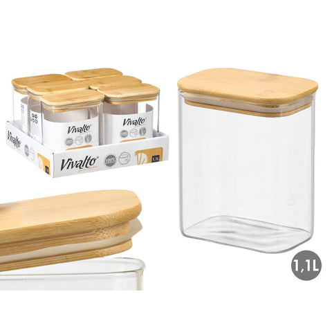 Tarro Rectangular Borosilicato 1,1 Litros Tapa Bambú