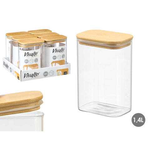 Tarro Rectangular Borosilicato 1,4 Litros Tapa Bambú