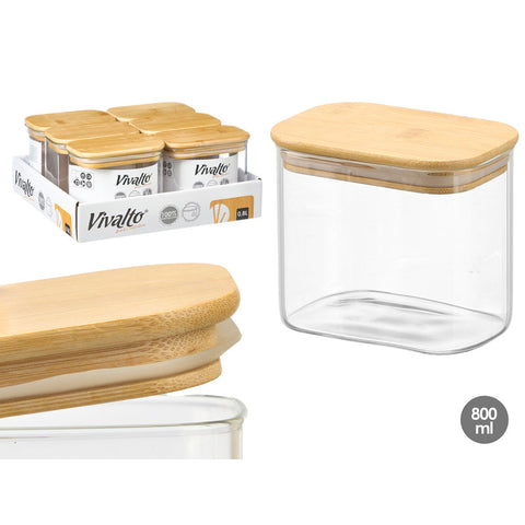 Tarro Rectangular Borosilicato 800ml Tapa Bambú