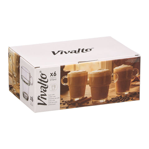Pack 6 Tazas de Vidrio Apilables 270ml con Asa