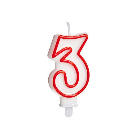 Vela Cumpleaños Número 3 Blanca borde Rojo