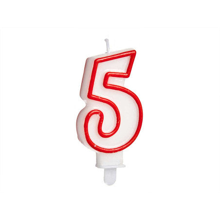 Vela Cumpleaños Número 5 Blanca borde Rojo