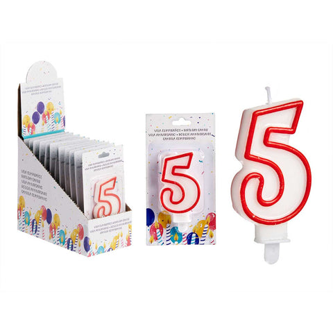 Vela Cumpleaños Número 5 Blanca borde Rojo
