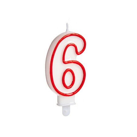 Vela Cumpleaños Número 6 Blanca borde Rojo