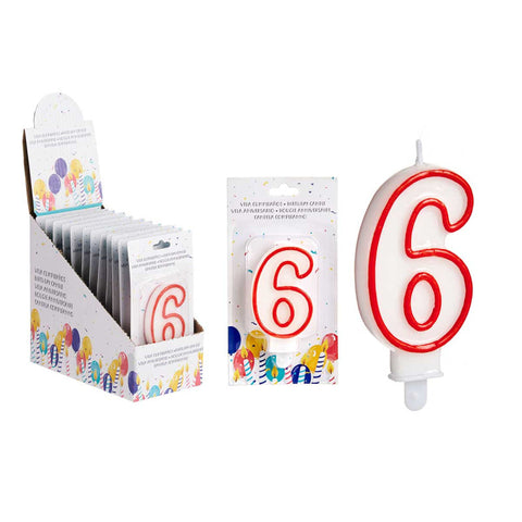 Vela Cumpleaños Número 6 Blanca borde Rojo