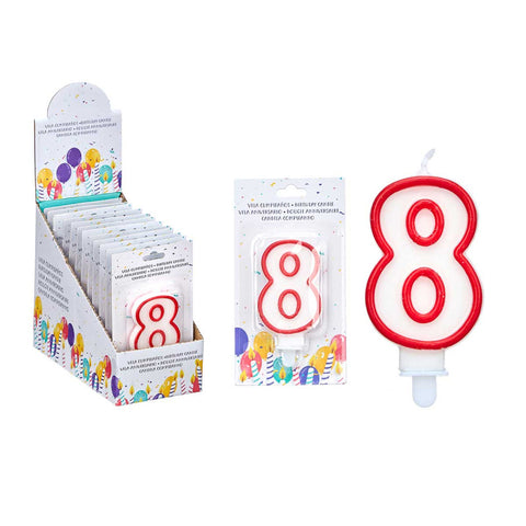 Vela Cumpleaños Número 8 Blanca borde Rojo
