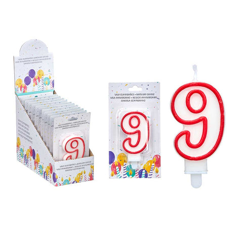 Vela Cumpleaños Número 9 Blanca borde Rojo